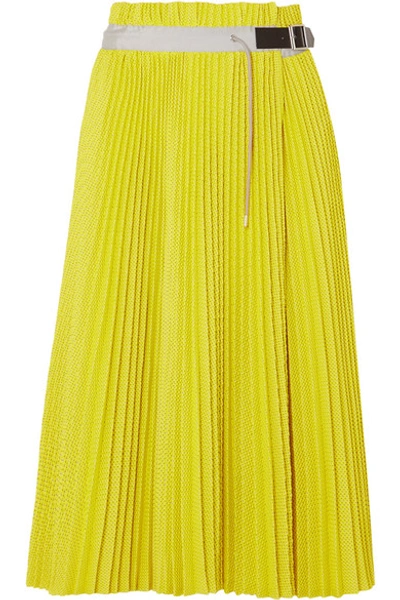 Shop Sacai Pleated Mesh Wrap Midi Skirt In Yellow