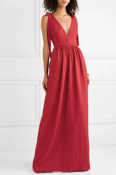 Shop Rebecca Vallance Harlow Bow-detailed Cloqué Maxi Dress In Red