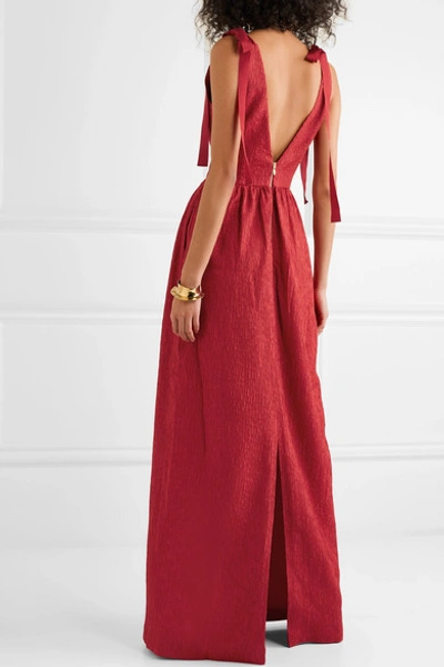 Shop Rebecca Vallance Harlow Bow-detailed Cloqué Maxi Dress In Red