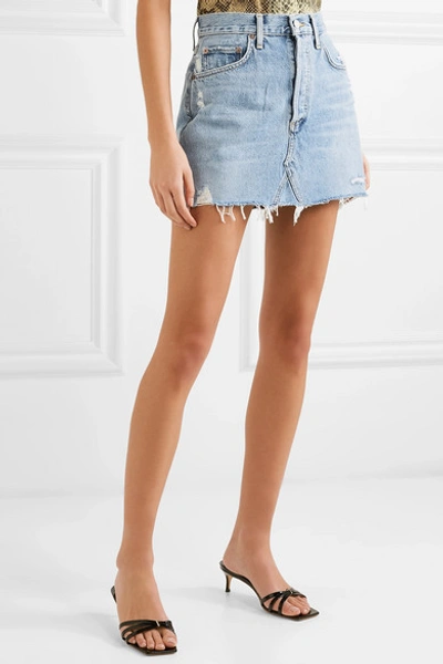 Shop Agolde Quinn Distressed Denim Mini Skirt In Mid Denim