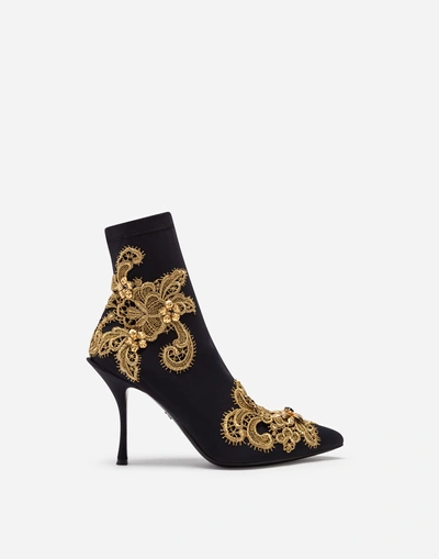 Shop Dolce & Gabbana Ankle Boots In Jersey With Embroidery In Black