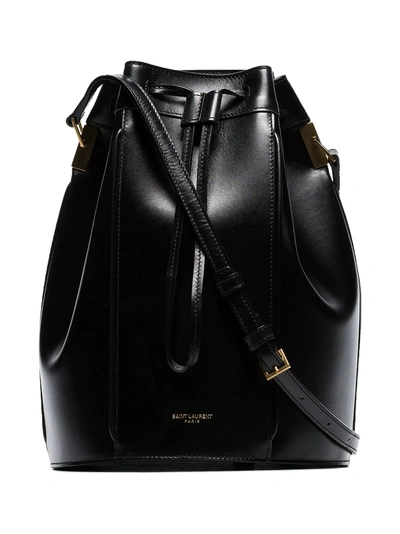 Shop Saint Laurent Black Talita Medium Drawstring Leather Bucket Bag
