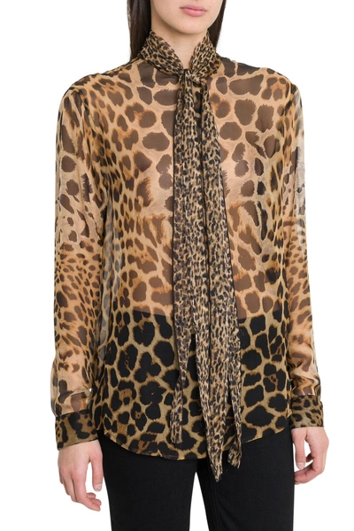 Shop Saint Laurent Bow Tie Blouse In Leopard-print Silk Chiffon In Marrone