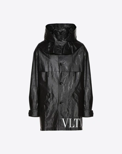 Shop Valentino Waxed Peacoat With Hood And Vltn Logo Man Black Cotton 100% 52
