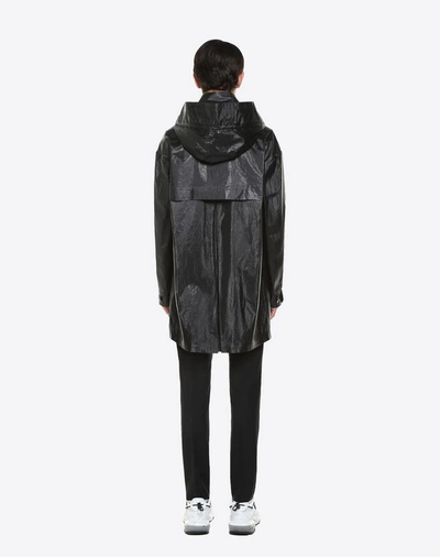 Shop Valentino Waxed Peacoat With Hood And Vltn Logo Man Black Cotton 100% 52