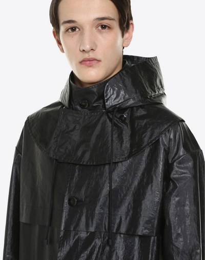 Shop Valentino Waxed Peacoat With Hood And Vltn Logo Man Black Cotton 100% 52