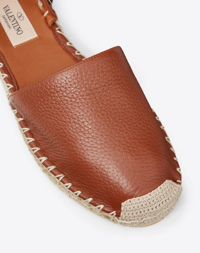 Shop Valentino Garavani Grain Calfskin Leather Rockstud Double Flat Espadrilles In Brown