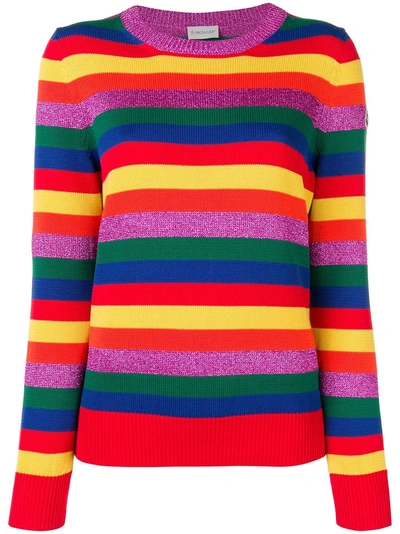 Shop Moncler Striped Knit Jumper - Red