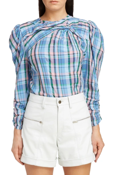 Shop Isabel Marant Esmee Twist Neck Madras Plaid Top In Blue