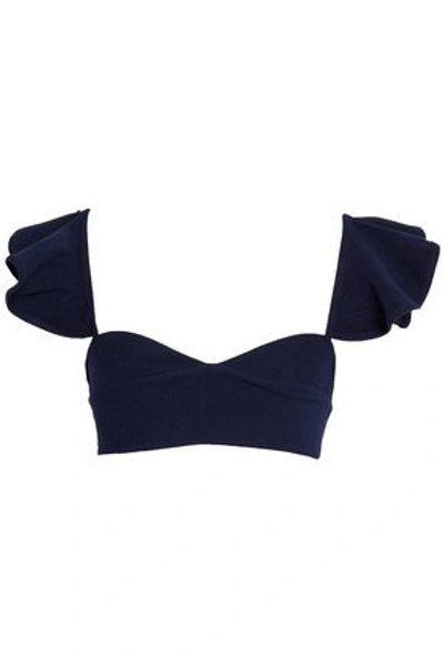 Shop Michael Lo Sordo Woman Cropped Ruffle-trimmed Ribbed-knit Top Navy