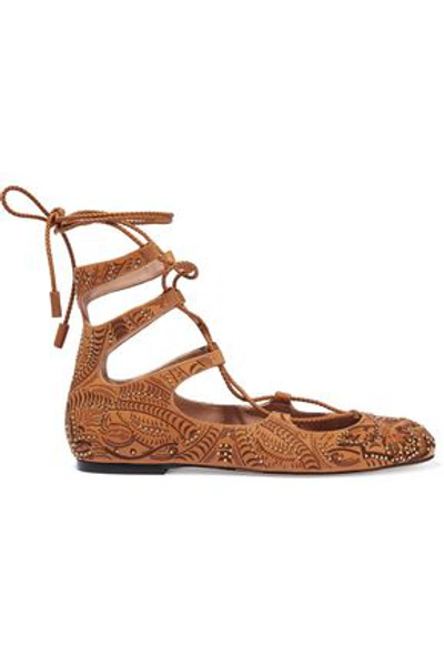 Shop Redv Lace-up Studded Embossed Leather Ballet Flats In Tan