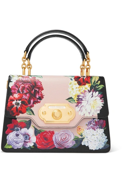 Shop Dolce & Gabbana Welcome Medium Floral-print Textured-leather Tote In Black