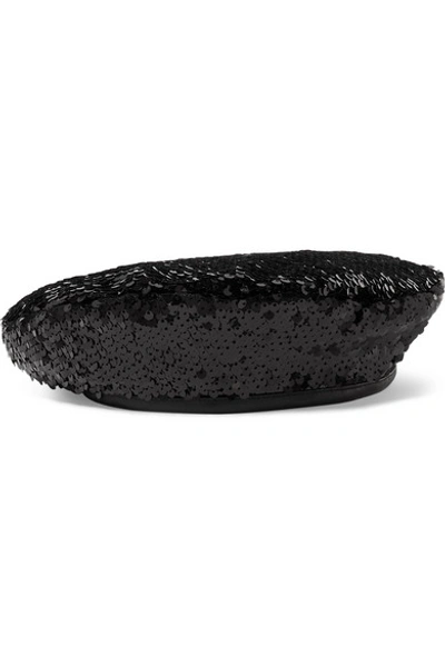Shop Eugenia Kim Cher Leather-trimmed Sequined Satin Beret In Black