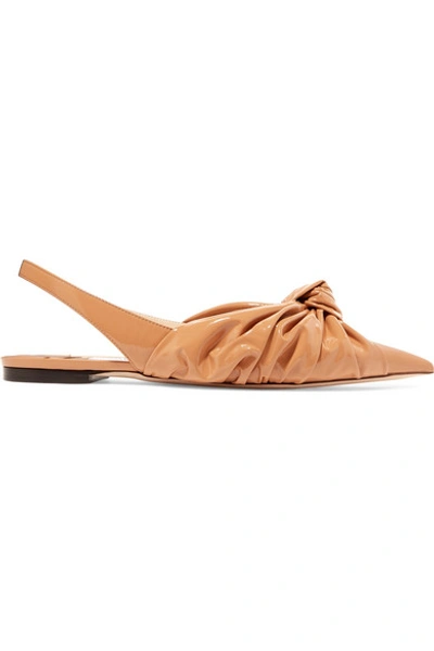 Shop Jimmy Choo Annabel Knotted Patent-leather Slingback Point-toe Flats In Tan