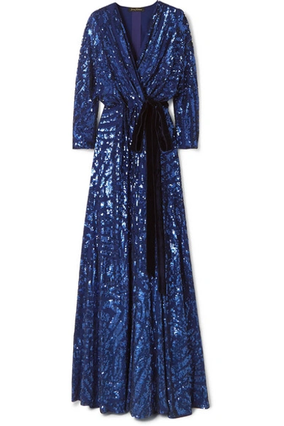 Shop Jenny Packham Lamour Velvet-trimmed Sequined Silk-chiffon Wrap Gown In Navy