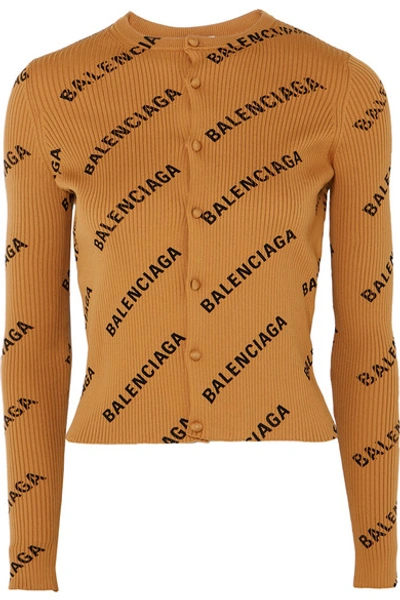 Shop Balenciaga Printed Ribbed-knit Cardigan In Sand