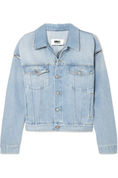 Shop Mm6 Maison Margiela Oversized Cutout Denim Jacket In Light Denim