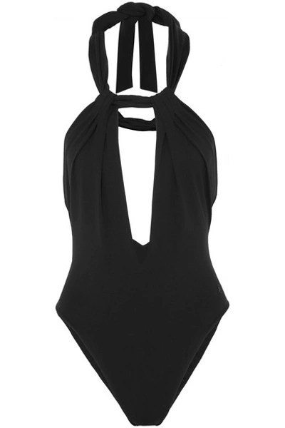 Shop Saint Laurent Embellished Halterneck Stretch-jersey Bodysuit In Black