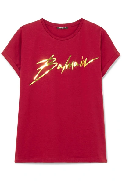 Shop Balmain Metallic Appliquéd Cotton-jersey T-shirt In Red