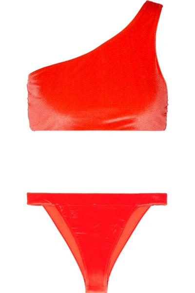 Shop Fendi Panama One-shoulder Stretch-velvet Bikini In Bright Orange