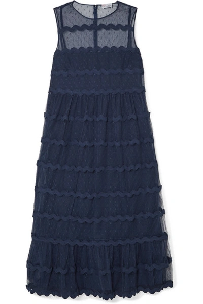 Shop Red Valentino Abito Rickrack-trimmed Point D'esprit Tulle Midi Dress In Navy