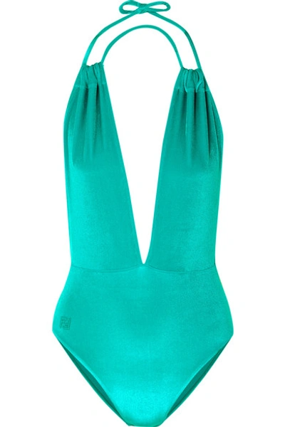 Shop Fendi Panama Stretch-velvet Halterneck Swimsuit In Turquoise