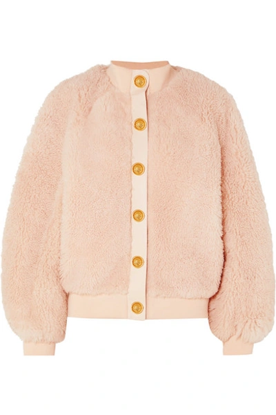 Shop Balmain Button-embellished Leather-trimmed Shearling Jacket In Pink