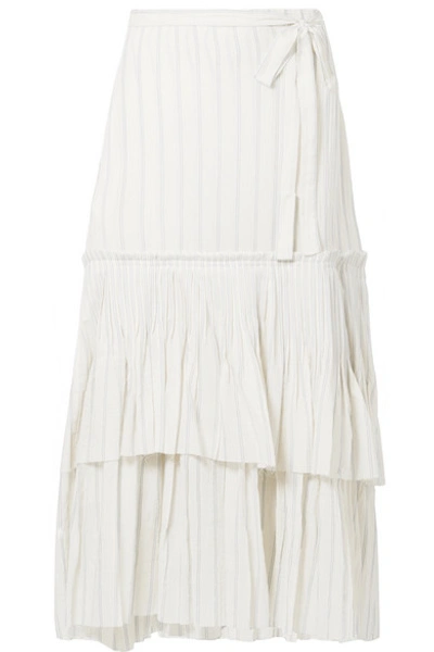 Shop Brock Collection Ortensia Ruffled Striped Cotton-voile Wrap Maxi Skirt In White