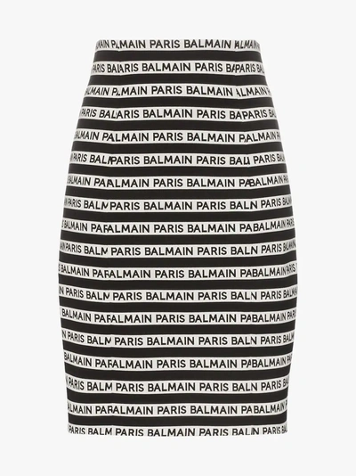 Shop Balmain Stripe Logo Pencil Skirt In C057 Black