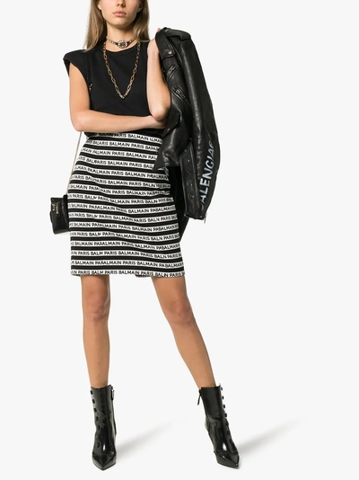 Shop Balmain Stripe Logo Pencil Skirt In C057 Black