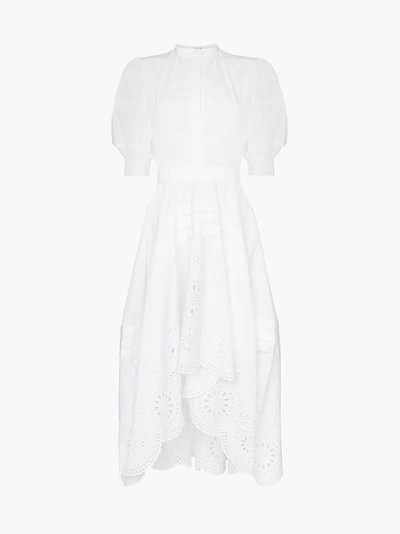Shop Alexander Mcqueen Broderie Anglaise Asymmetric Hem Cotton Dress In White