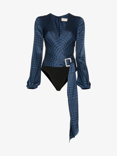 Shop Alexandre Vauthier Houndstooth Print Silk Bodysuit In 1002 Blue