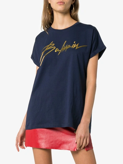 Shop Balmain Foil Logo Crew Neck T-shirt In Blue