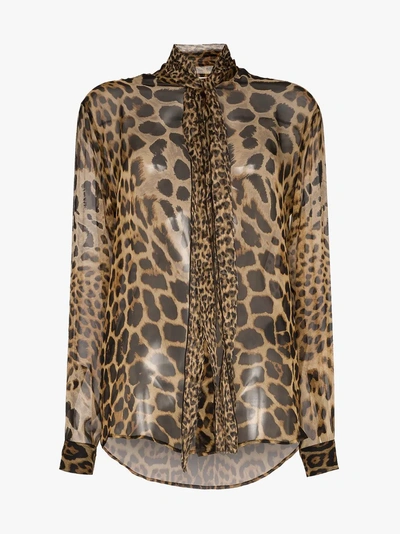 Shop Saint Laurent Tie-neck Leopard-print Blouse In Brown
