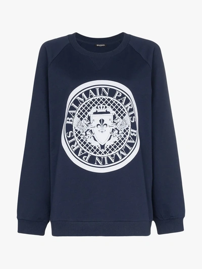 Shop Balmain Coin Logo Cotton Sweatshirt In Blue