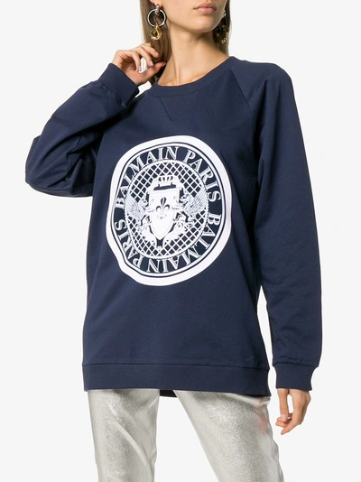 Shop Balmain Coin Logo Cotton Sweatshirt In Blue