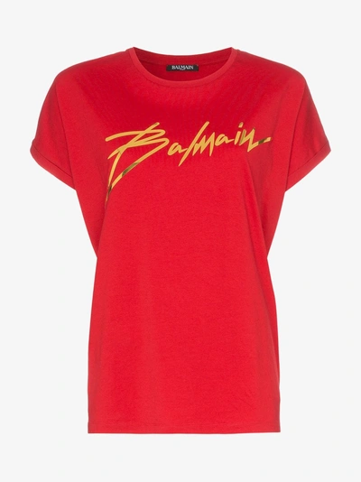 Shop Balmain Foil Logo T-shirt In Red