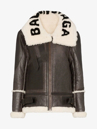 Shop Balenciaga Logo Collar Shearling Jacket In Brown