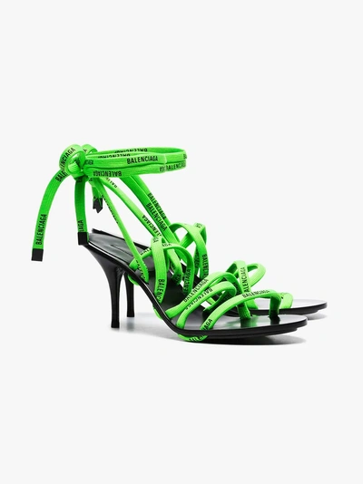 Shop Balenciaga Green And Black 110 Logo Laces Cotton And Leather Sandals