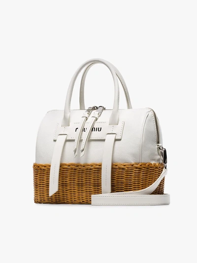 Shop Miu Miu White Wicker And Madras Leather Bag In F0o8d00 White