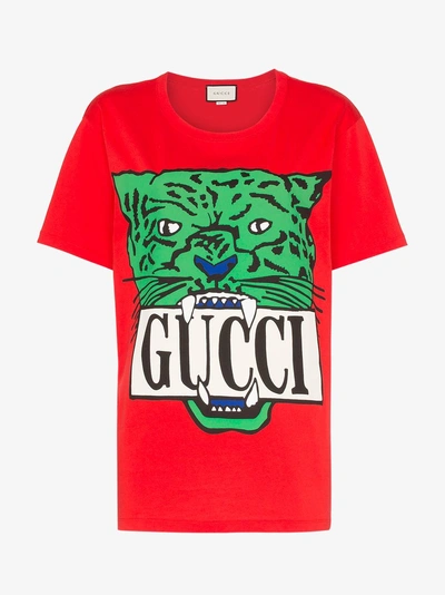 Shop Gucci Tiger Print Logo T-shirt In Red