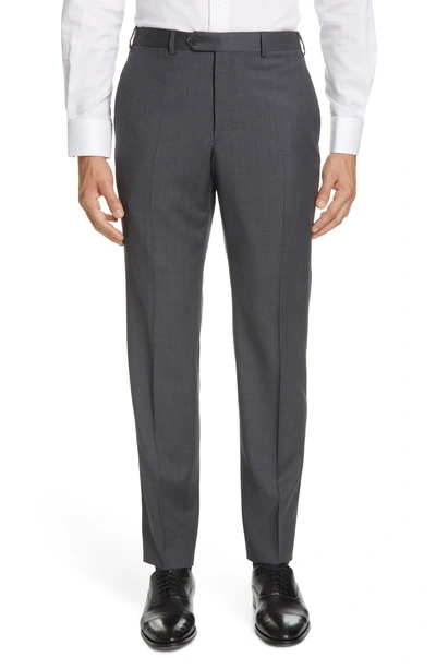 Shop Emporio Armani Flat Front Solid Wool Trousers In Grey