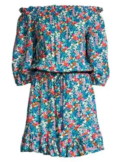 Shop Shoshanna Off-the-shoulder Floral Tunic Dress In Navy Multicolor