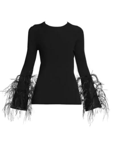 Shop Valentino Women's Feather Detail Ribbed Sweater In Black