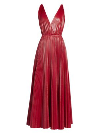 Shop Valentino Women's V-neck Pleated Leather Maxi Dress In Red