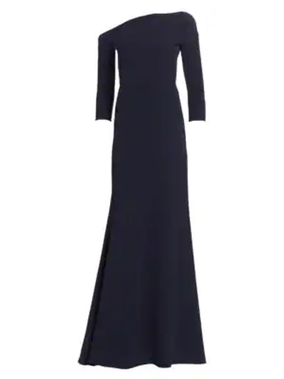 Shop Lela Rose Ruched Asymmetric Neckline Gown In Navy