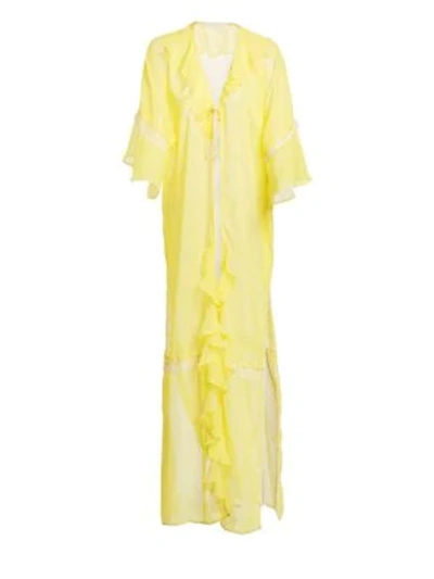 Shop Jonathan Simkhai Gingham Ruffle Long Robe In Lemonade White