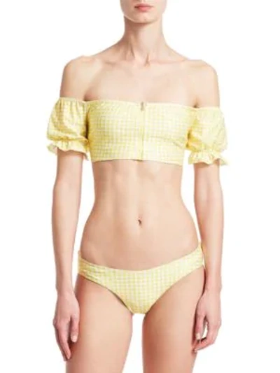 Shop Jonathan Simkhai Gingham Puff Sleeve Bikini Top In Lemonade White