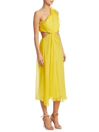 Shop Cinq À Sept Corinne One-shoulder Silk Midi Dress In Blazing Yellow
