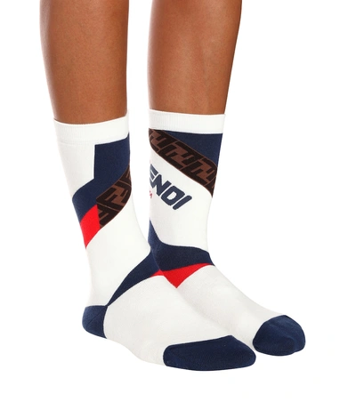 Shop Fendi Mania Cotton-blend Socks In White